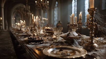 An abandoned grand banquet table in a gothic castle hall, covered in cobwebs, symbolizing the passage of time and forgotten history.