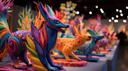 Obraz premium Vibrant art display of colorful animal sculptures art gallery exhibition indoor close-up cultural celebration
