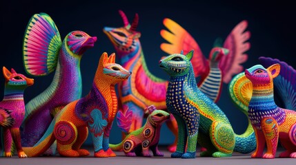 Vibrant handcrafted animal figurines artisan market sculpture colorful environment close-up view artistic expression