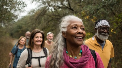Group of seniors enjoying a nature hike outdoor trail lifestyle photography serene environment joyful perspective