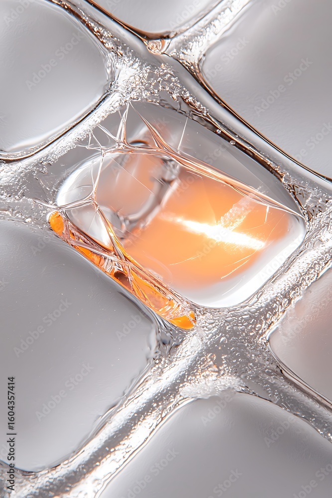Aufkleber close-up image of cracked ice cube with warm light reflection and bubbles on textured surface