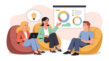 Casual brainstorming session with three diverse teammates on bean bags, discussing ideas with charts, graphs, and creative collaboration tools
