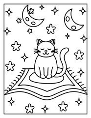 Halloween Cat in Haunted House – Cute and Easy Coloring Page for Kids and Adults | Spooky Indoor Scene with Pumpkins & Ghosts | Print