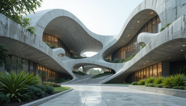 Futuristic organic architecture with flowing concrete forms