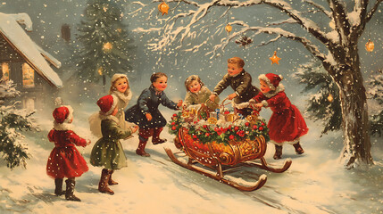  Vintage Christmas scene with kids playing around a decorated sled (2)