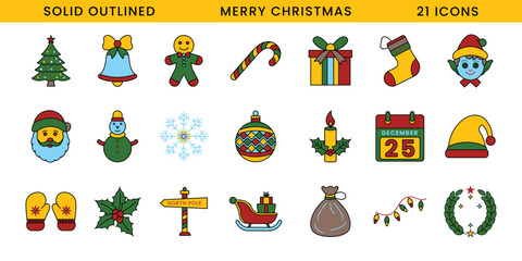 Christmas Vector Icon Set. Colorful Solid Outlined Icons for Festive Season, Holiday, Winter, and Christmas Celebration