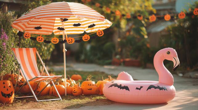 Pink flamingo pool float beside a striped umbrella and chair, surrounded by pumpkins and Halloween decorations, creating a festive autumn atmosphere for seasonal enjoyment