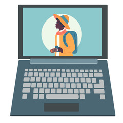 Black male traveler with camera standing in sunlight, flat color illustration