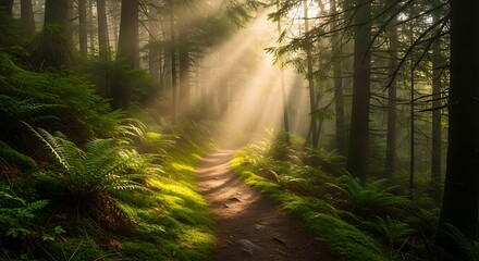 Obraz premium Sunbeams pierce misty forest canopy illuminating lush green ferns lining a winding woodland path