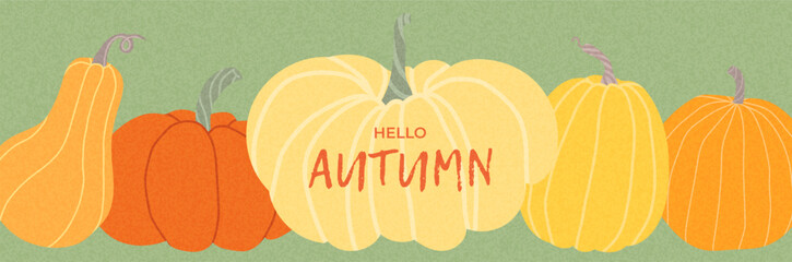 Fall greeting banner with pumpkins in minimal flat style. Green background and simple squash composition for seasonal decor, invitations, or harvest-themed promotions