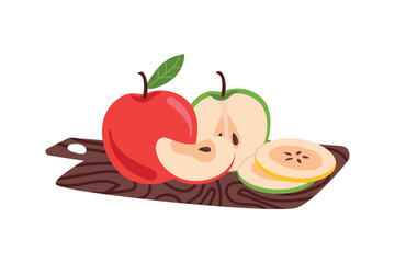 Apples of different colors on a cutting board. Apple harvest, apple dishes