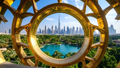 Golden frame showcasing Dubai skyline