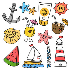 여름 바다 아이템 라인드로잉 표정 캐릭터(summer beach items line drawing character)