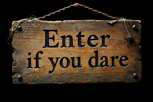 A Creepy Old Wooden Sign with the Text "Enter if you Dare", Spooky Halloween Style