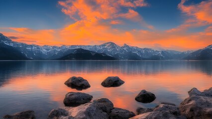 Golden sunlight streaks across the calm water as the sun dips below the horizon, painting the tranquil lake landscape in fiery hues