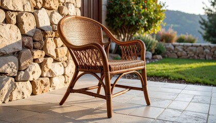 Obraz premium Classic cane back dining chair with walnut finish, styled beside a rustic stone wall and matte ceramic flooring