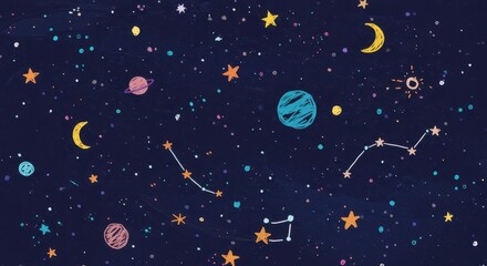Colorful Hand Drawn Space Elements – Planets, Stars, Meteors and Constellations on Dark Background