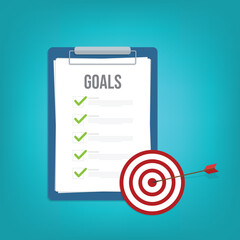 Goals list with checklist and arrow hitting the center of a target, business achievement concept