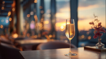 Glass of champagne on table with beautiful sunset view, creating warm and inviting atmosphere