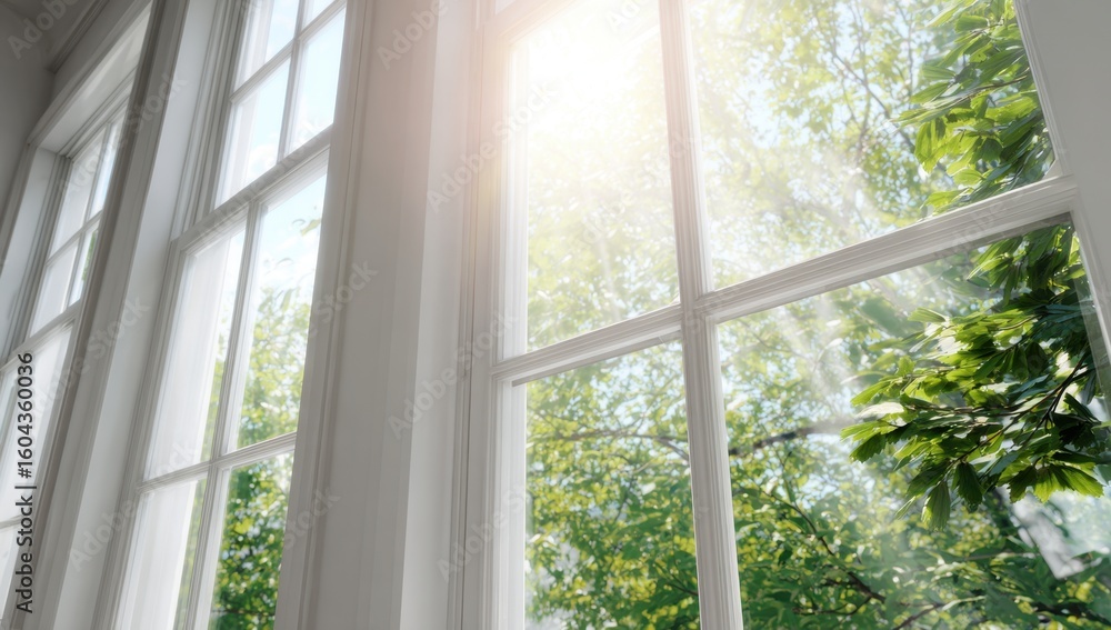 Poster sunlight streams through a large window framing lush green trees creating a peaceful and inviting at