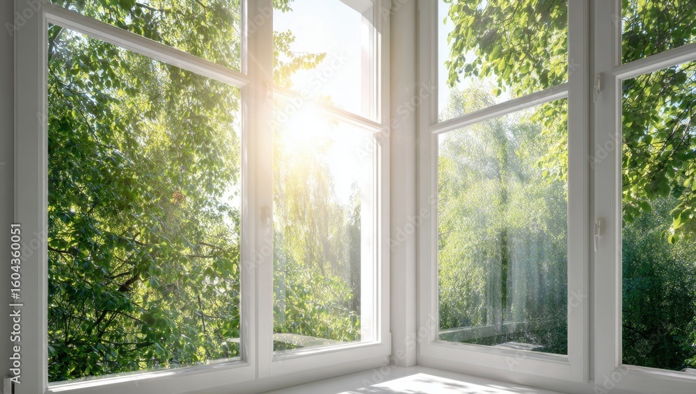 Poster sunlight streams through a bright window framing lush green trees creating a peaceful and refreshing