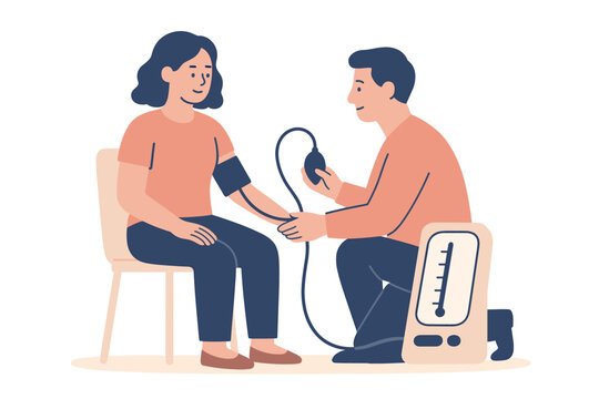 Healthcare professional measuring blood pressure of a patient in a flat design