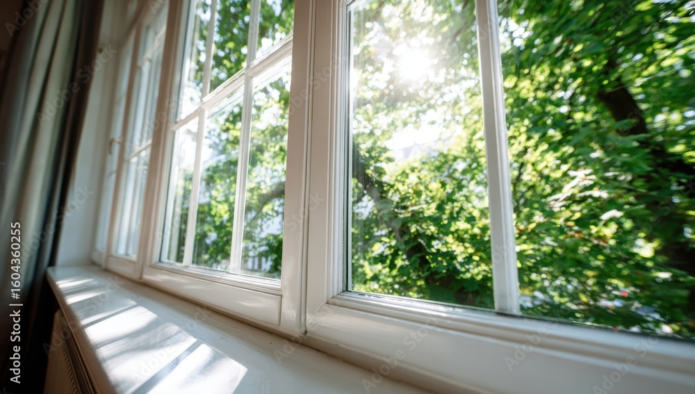Poster sunlight streams through a multi-paned window illuminating a bright room with a view of lush green t