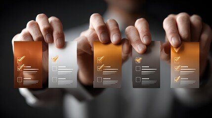 Hands holding a variety of business documents forms and applications in a professional organized office environment