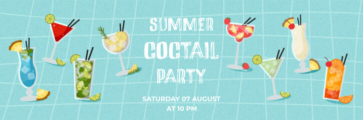 Bright cocktail party banner with a variety of tropical summer drinks on a fresh blue background. Ideal for beach bar invites, summer parties and holiday promotions.