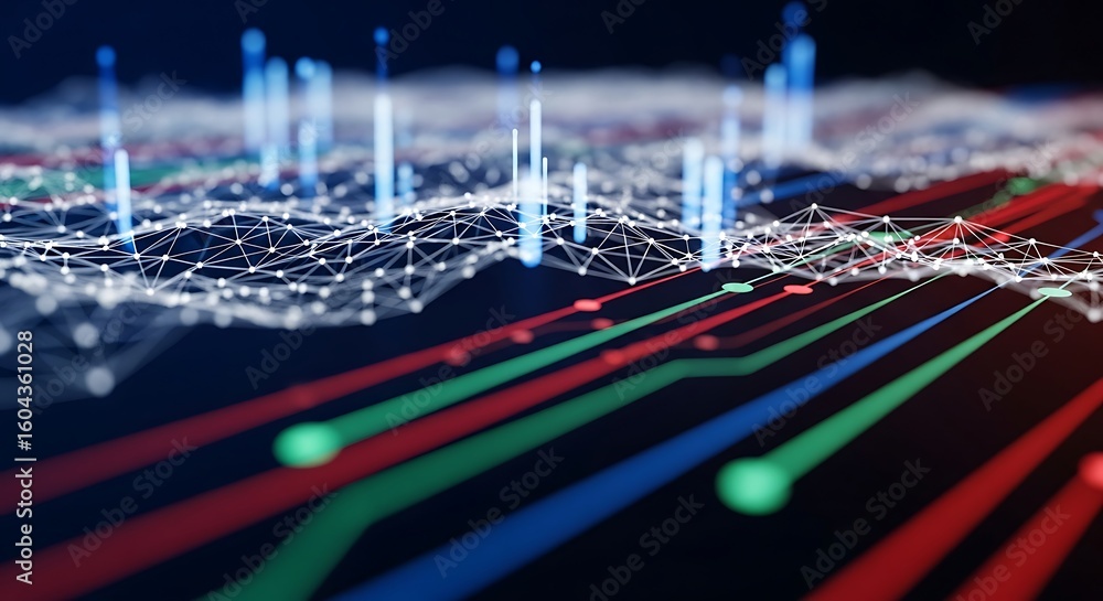 Aufkleber dynamic digital data visualization with network graph and glowing lines representing growth and anal