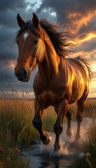 A magnificent red horse gallops on a summer day against the background of a field, water, close-up, year of the horse