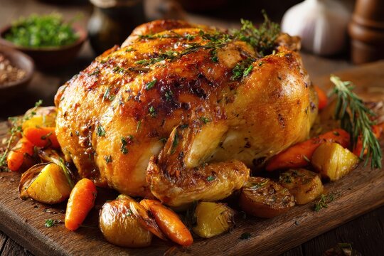 Roast chicken on board with root vegetables. Holiday meal or Sunday dinner use