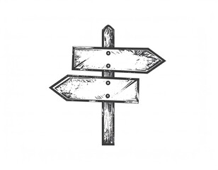 Hand-drawn illustration of a wooden signpost with two blank arrow signs pointing in opposite directions, isolated on a white background.