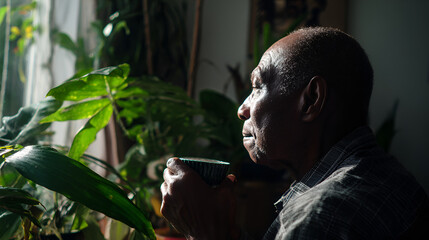 Elderly African heritage man, approximately 65–75 years old, holding a cup and gazing through the window, surrounded by houseplants, soft lighting, ideal for wellness, self-care or thoughtful content