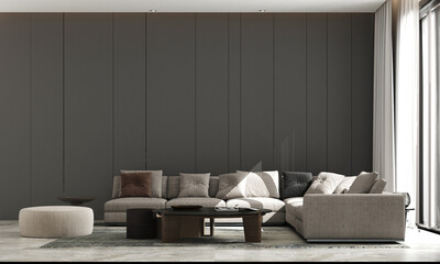 Modern home and minimal living room with cozy sofa and arm chair decoration and empty black tile...
