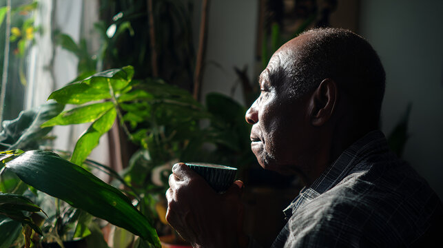 Elderly African heritage man, approximately 65–75 years old, holding a cup and gazing through the window, surrounded by houseplants, soft lighting, ideal for wellness, self-care or thoughtful content