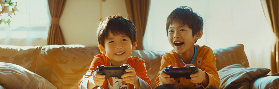 Boys enjoying video games in living room. - Powered by Adobe