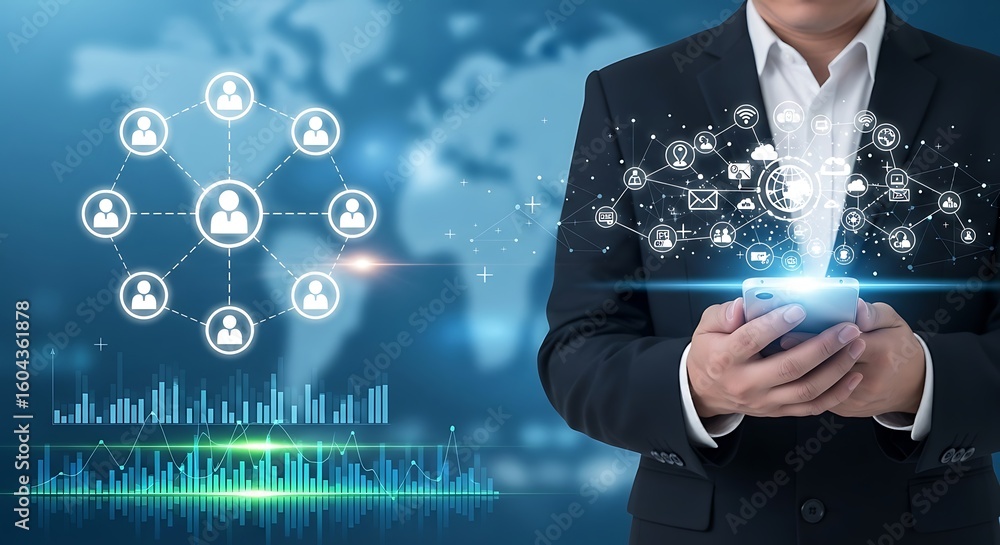 Aufkleber business technology and social networking concept with person holding smartphone and global connecti