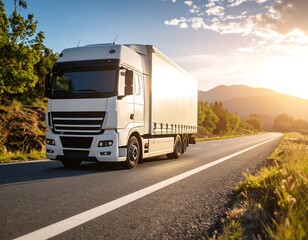 White truck on a highway at sunset
