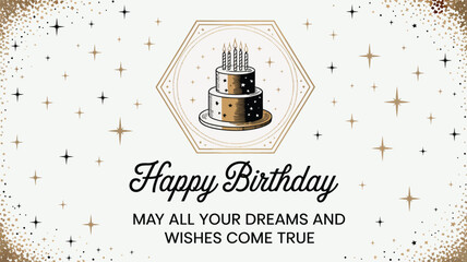  Elegant birthday card with black and white cake, gold accents, and heartfelt message “May all your dreams and wishes come true” on white