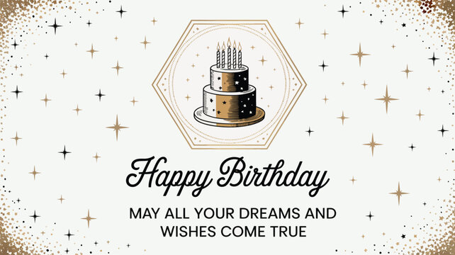  Elegant birthday card with black and white cake, gold accents, and heartfelt message “May all your dreams and wishes come true” on white
