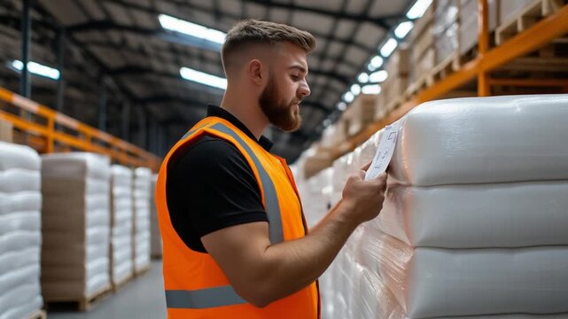 A safety-vested worker examines labels on ceiling-high stacked foam mattresses amidst bustling warehouse activity.