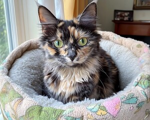 A beautiful tortoiseshell cat rests comfortably in a cozy pet bed