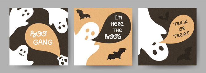 Modern and quirky ghost cards with speech bubbles and spooky bats. Includes messages like Boo gang and Im here the boos. Ideal for seasonal designs and fun Halloween greetings