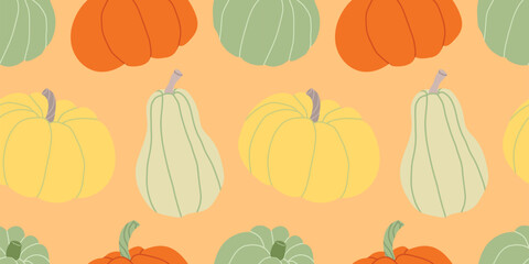 Vibrant and playful pumpkins seamless pattern. Great for seasonal kids’ products, festive wrapping paper, kitchen prints, and cheerful autumn stationery