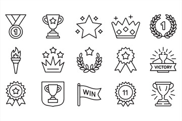 Elegant Line-Drawn Icons of Trophies, Medals, and Badges for Recognition