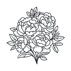 Bouquet of peonies in a detailed black and white sketch style
