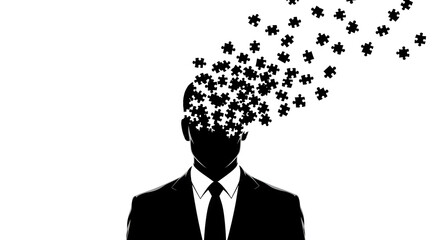 Business Man Silhouette with Puzzle Pieces in Abstract Style, Minimalist Graphic Design