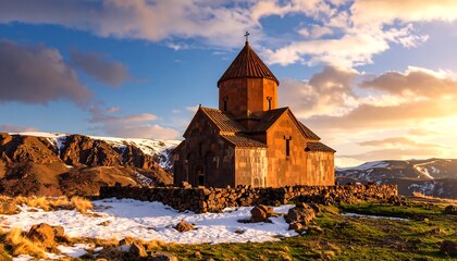 Majestic church at sunset, nestled in a mountainous landscape