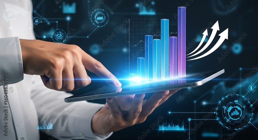 Poster data analytics visualization with tablet computer showing business growth charts and arrows for futu